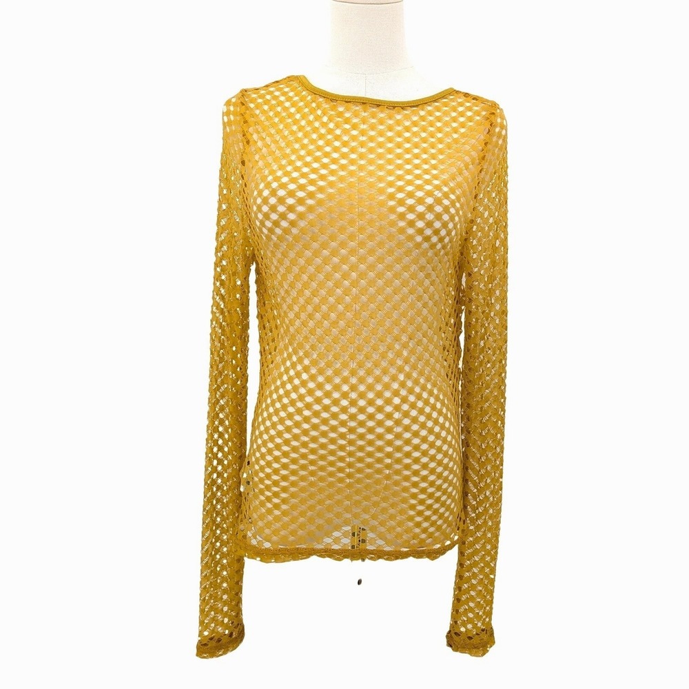 Musera Sheer Mesh Top Mustard Yellow Y2K Layering Long Sleeve‎ NWT Size XL